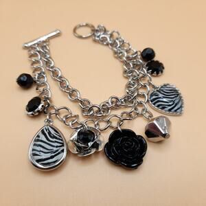 Silver Tone Charm Bracelet, Roses Zebra Heart Black Bead Rhinestone Toggle Clasp